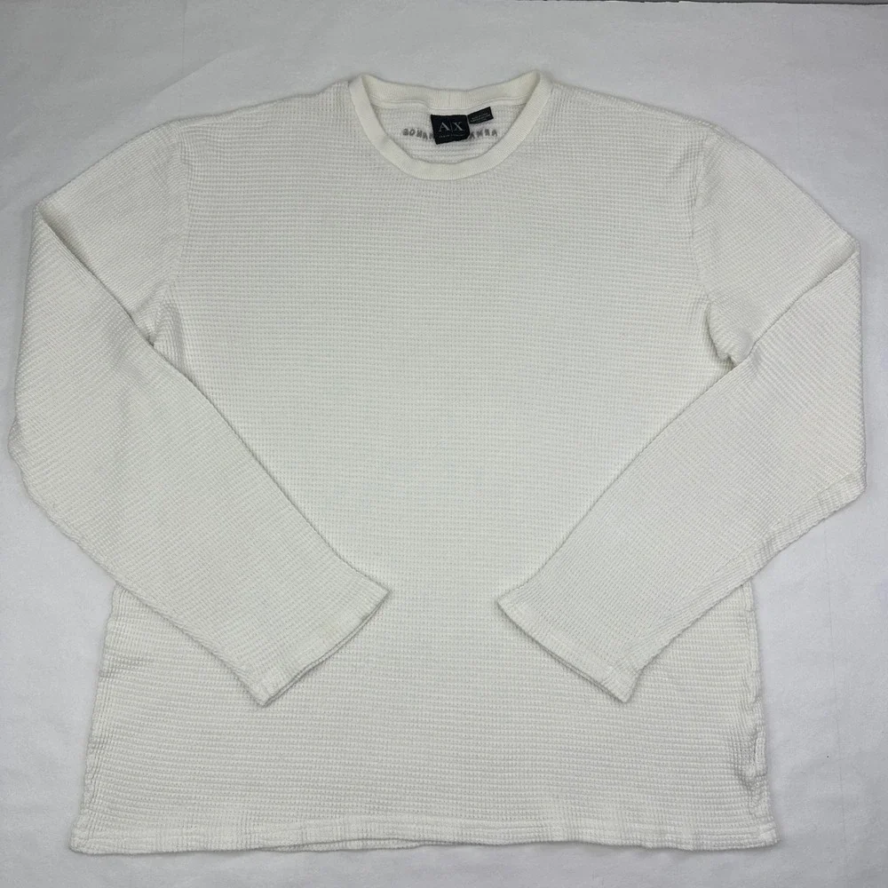 Armani Exchange Mens XXL White Waffle Knit Thermal Long Sleeve Shirt Logo Back